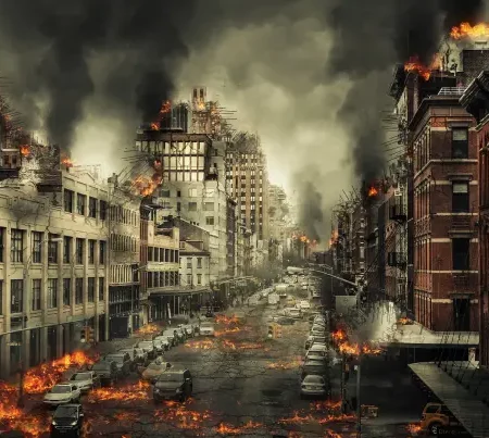 streets burning, buildings collapsed, disaster everywhere